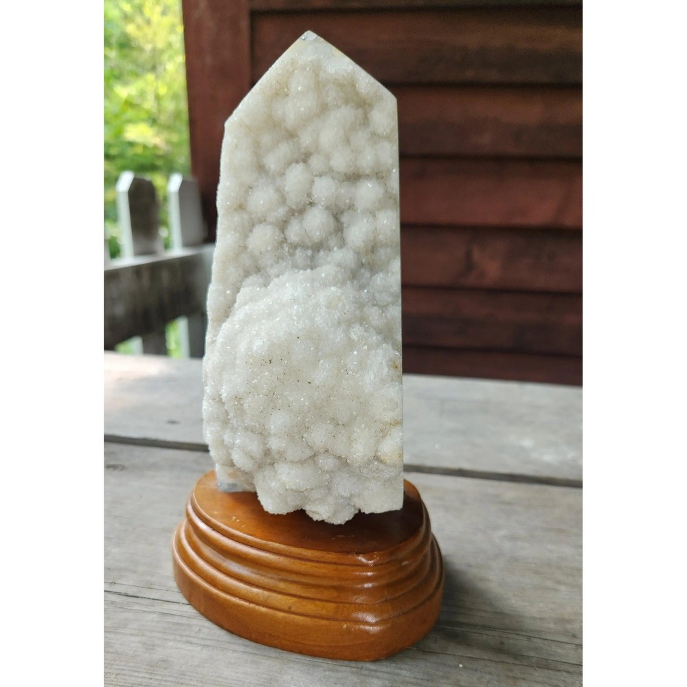 Druzy Agate Crystal Tower, Carved Wooden stand